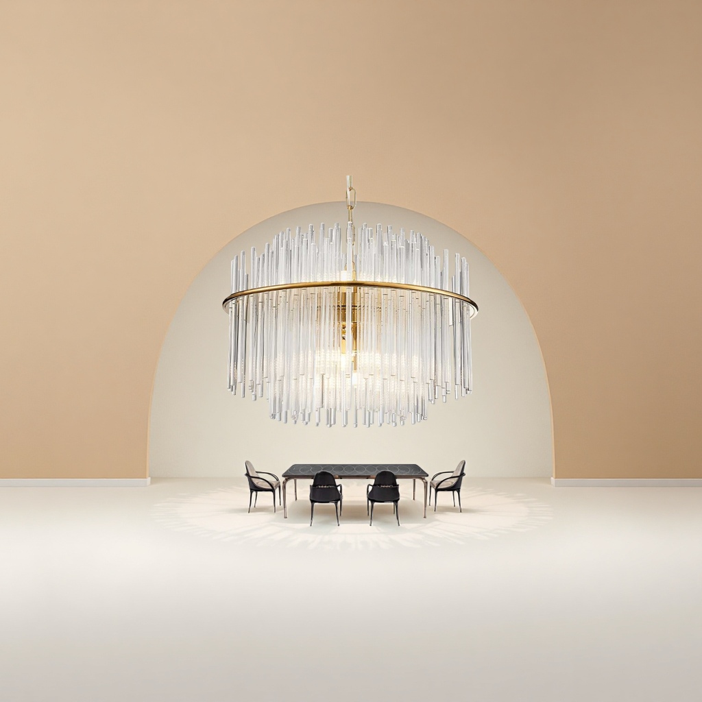 The golden circular crystal chandelier is the main light for the Nordic minimalist living room and bedroom, featuring a modern and light luxury style Specification image
