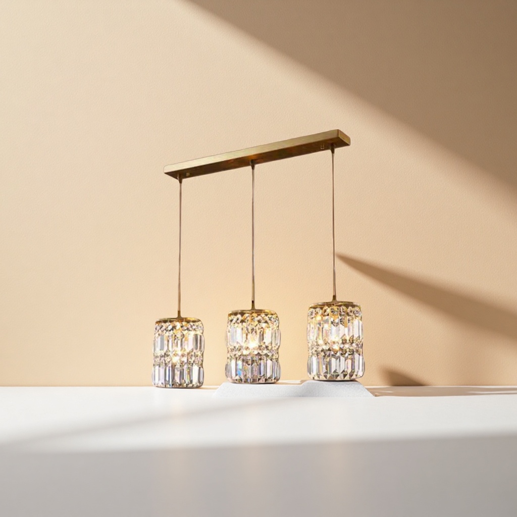 Three golden long crystal pendant chandeliers are ceiling-mounted living room and dining room lamps Specification image
