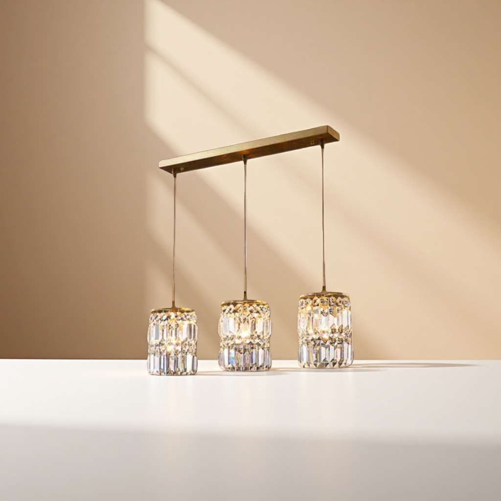 Three golden long crystal pendant chandeliers are ceiling-mounted living room and dining room lamps details Picture