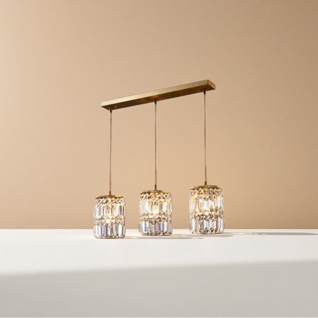 Three golden long crystal pendant chandeliers are ceiling-mounted living room and dining room lamps Application Scenario