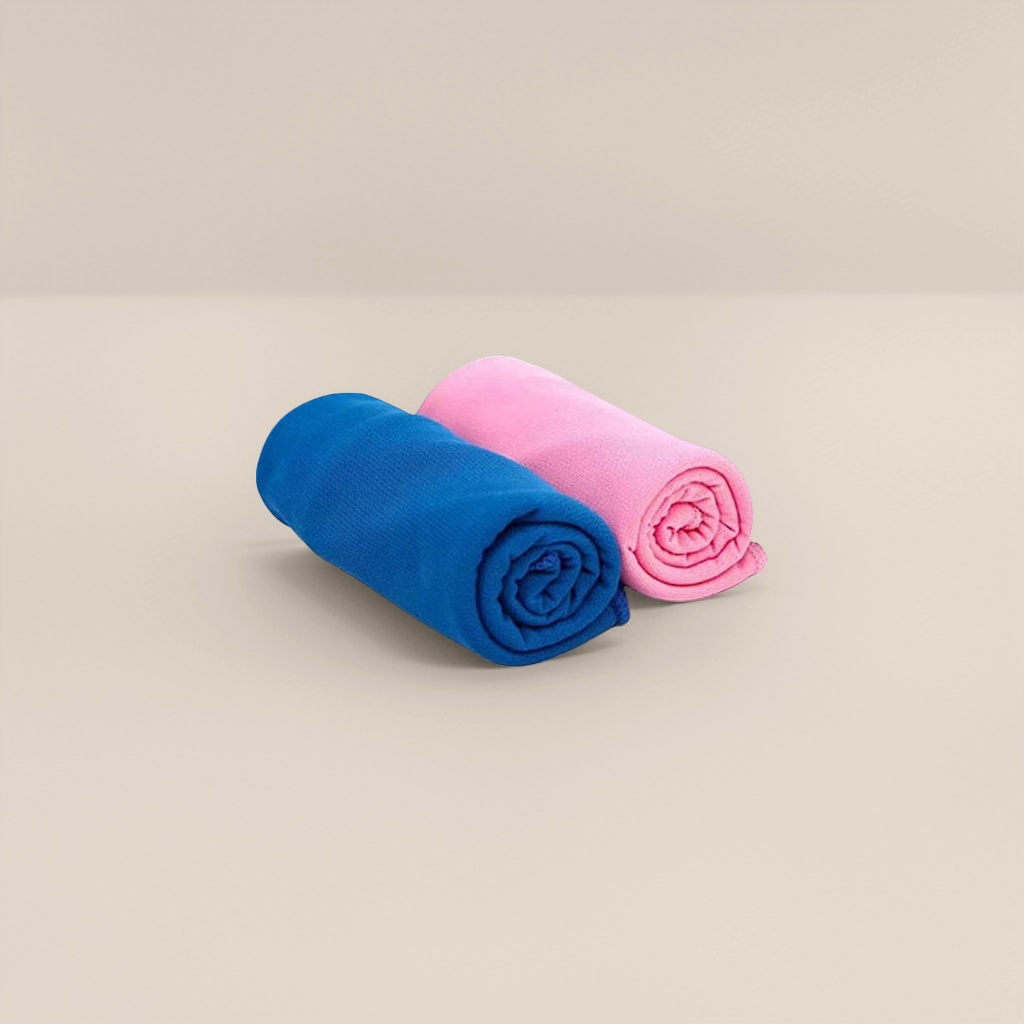 Blue and pink rolled towel with ice cubes and water splash background for home bathroom use Application Scenario