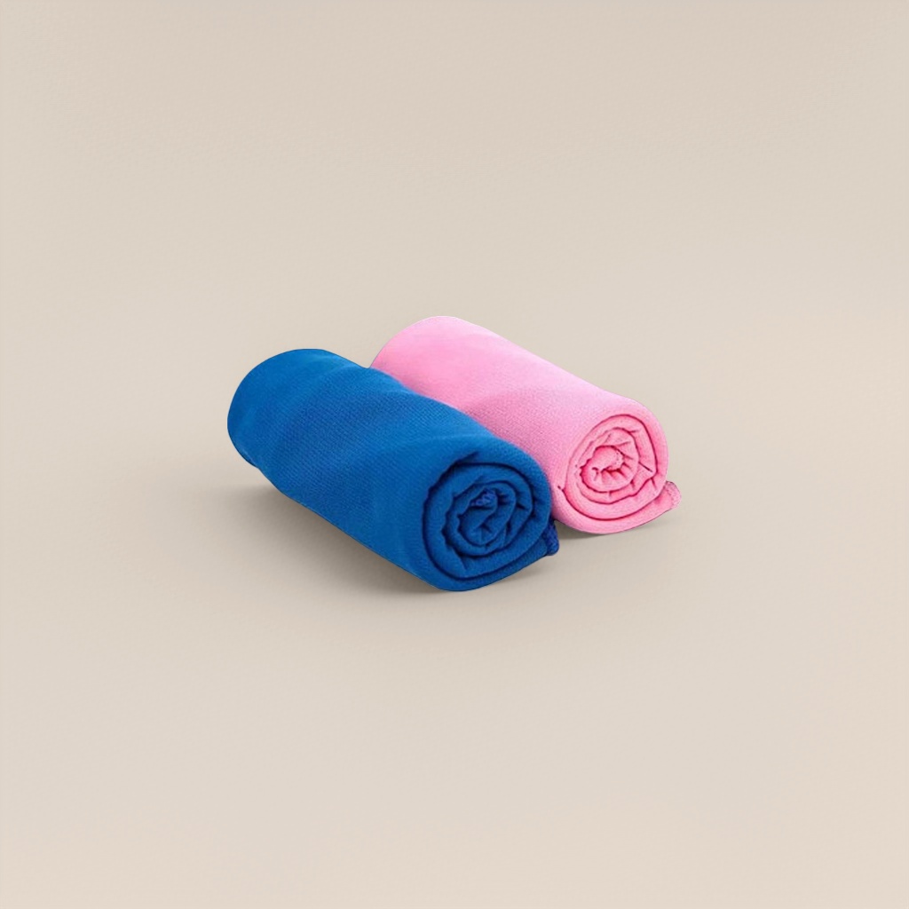 Blue and pink rolled towel with ice cubes and water splash background for home bathroom use details Picture