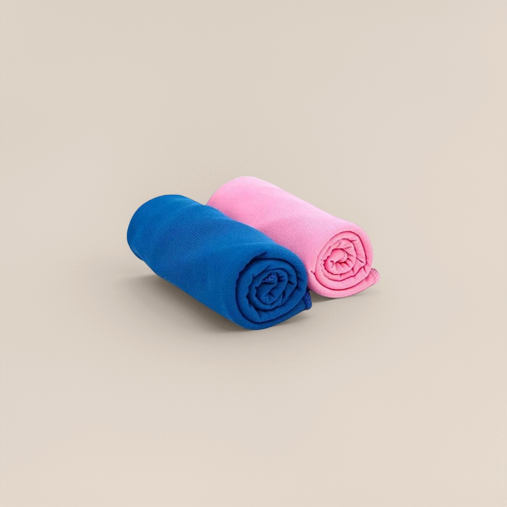 Blue and pink rolled towel with ice cubes and water splash background for home bathroom use Specification image