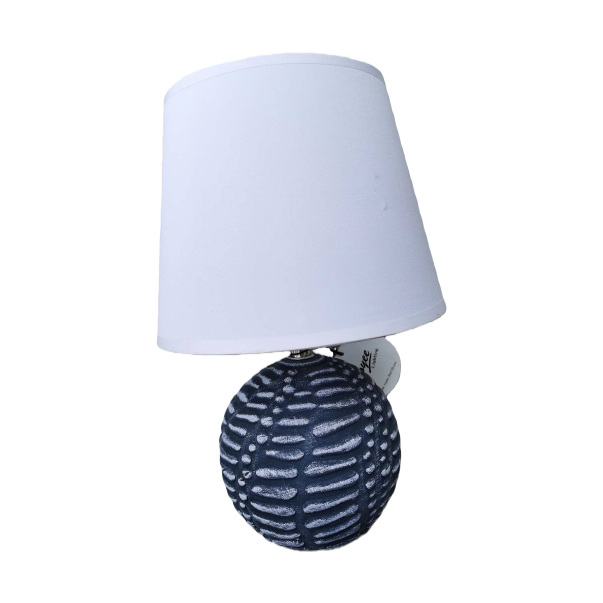 A table lamp with a white lampshade and a deep blue textured spherical base Item Picture