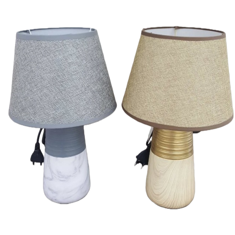 Grey lampshade, white marble base desk lamp, beige lampshade, wooden base, golden ring decoration desk lamp Item Picture
