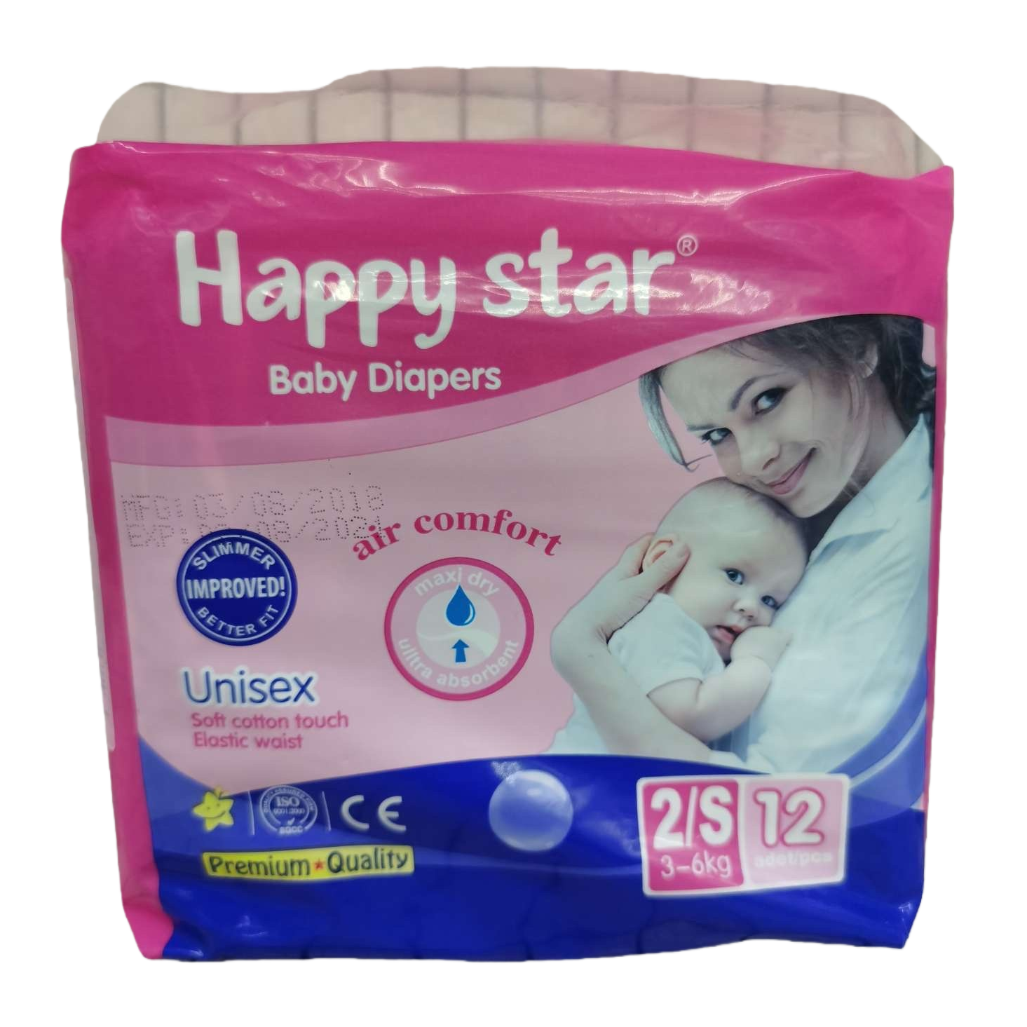 粉色包装的Happy star婴儿尿布，为粉蓝配色，印有母亲抱婴图案及“Unisex”“air comfort”等字样白底实物图
