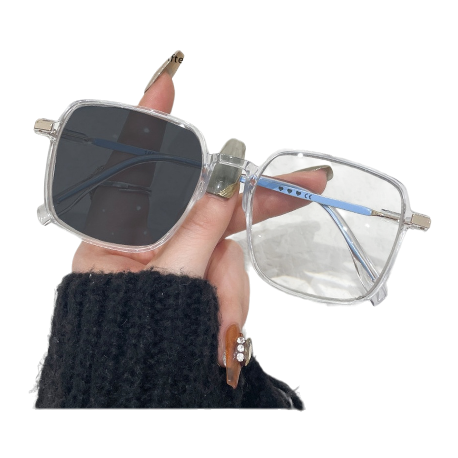 عدسات شمسية مربعة ذات مربعات شفافة، داكنة اللون، عدسات متدرجة مرآة زرقاء Item Picture