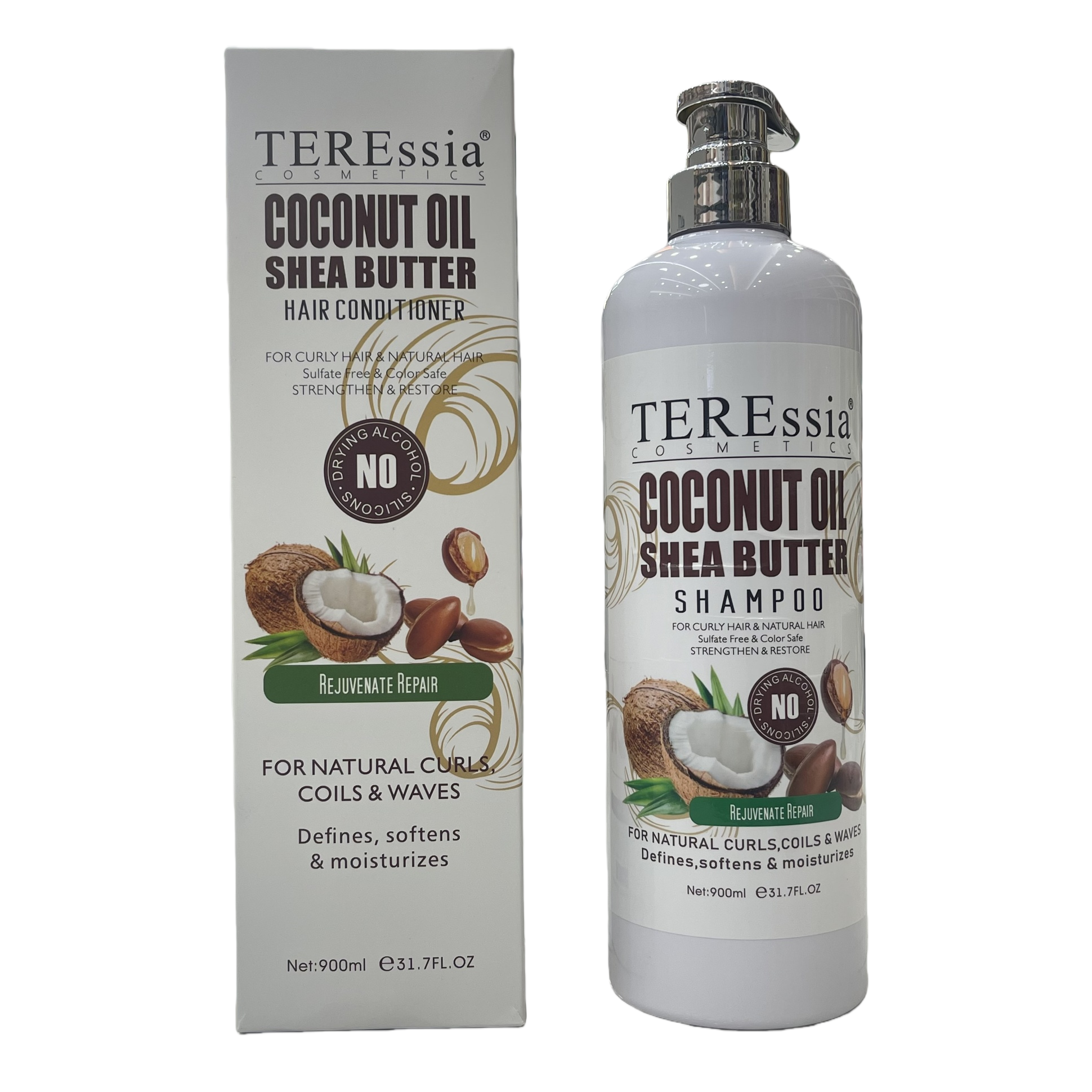 TEREssia Coconut shampoo, coconut oil shampoo, white bottle with silver pump head, white packaging box Item Picture