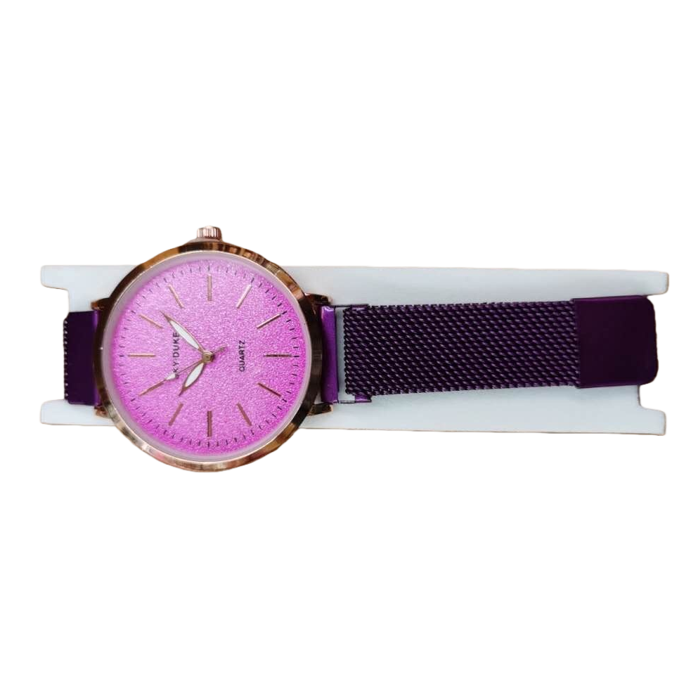 The pink dial and purple metal mesh strap ladies' watch is fashionable, light luxury, simple and versatile Item Picture