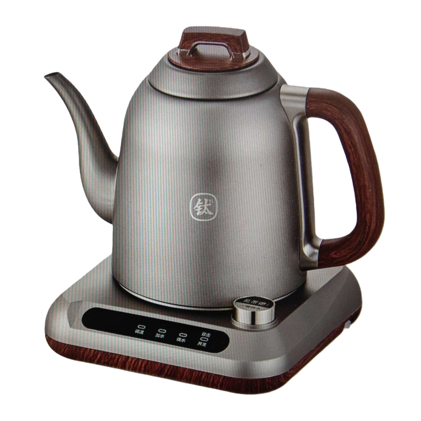 The silver electric kettle with a wooden handle lid knob and a black control panel base Item Picture