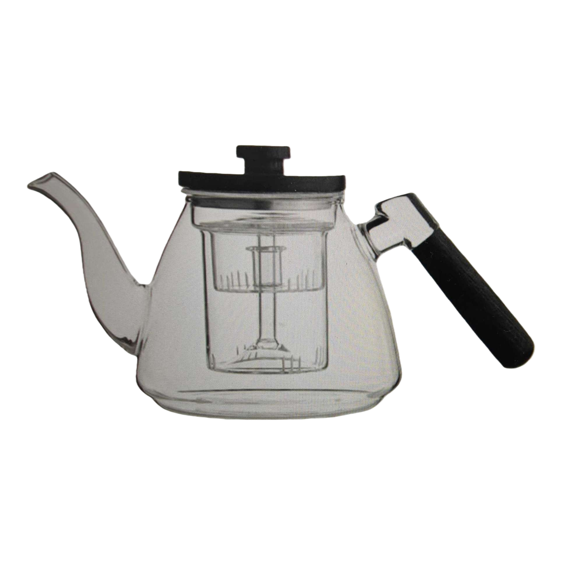 يحتوي غلاية الشاي الزجاجية الشفافة على هيكل ترشيح مزدوج داخل غطاء مقبض أسود Item Picture