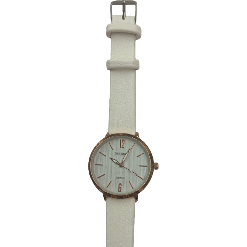 The quartz ladies' watch with a white strap and golden frame is fashionable, simple and versatile Item Picture