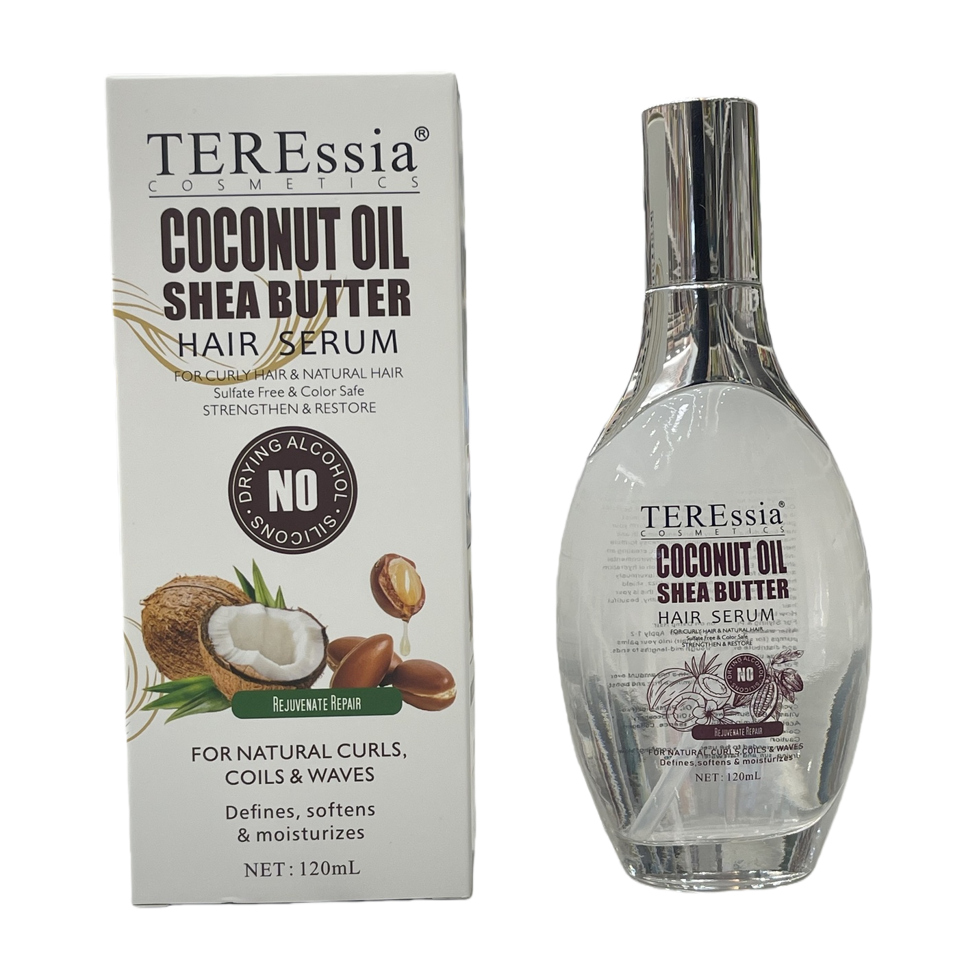 TEREssia coco cuidado del cabello aceite esencial de coco cuidado del cabello aceite de pelo botella de vidrio transparente caja blanca Item Picture