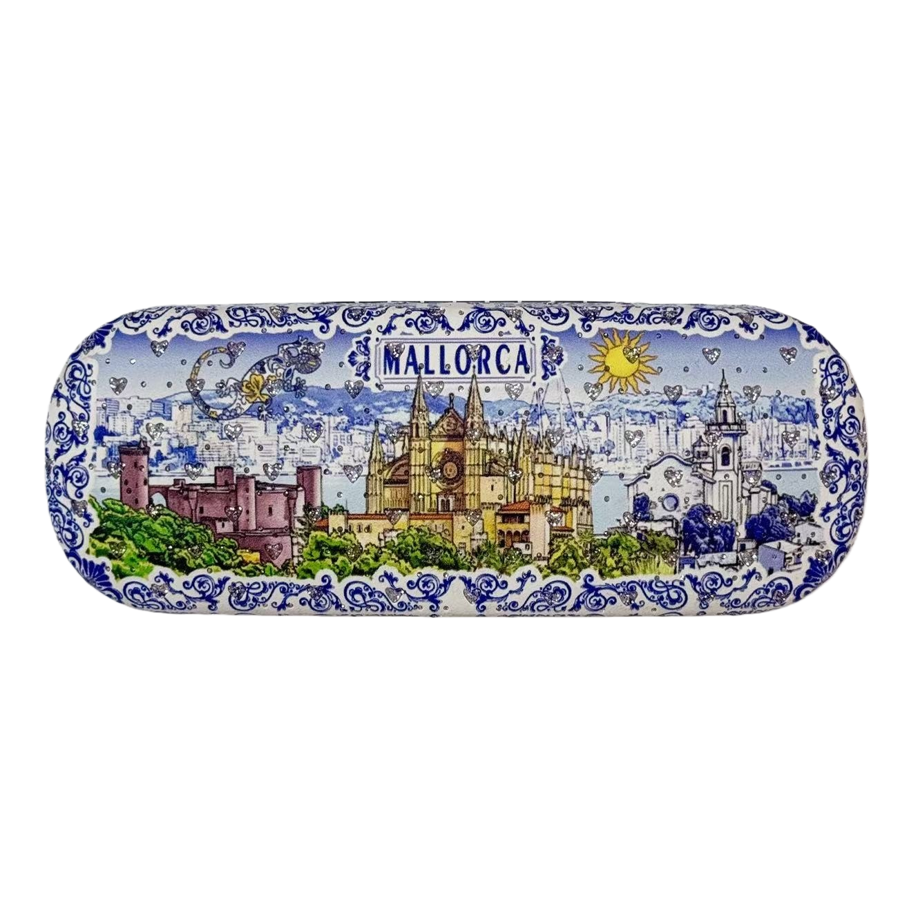 The blue and white patterned Mallorca city landscape glasses case features a church, castle, sun and heart-shaped pattern Item Picture