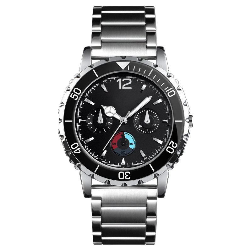 Men's quartz watch with a black dial and a silver metal strap Item Picture