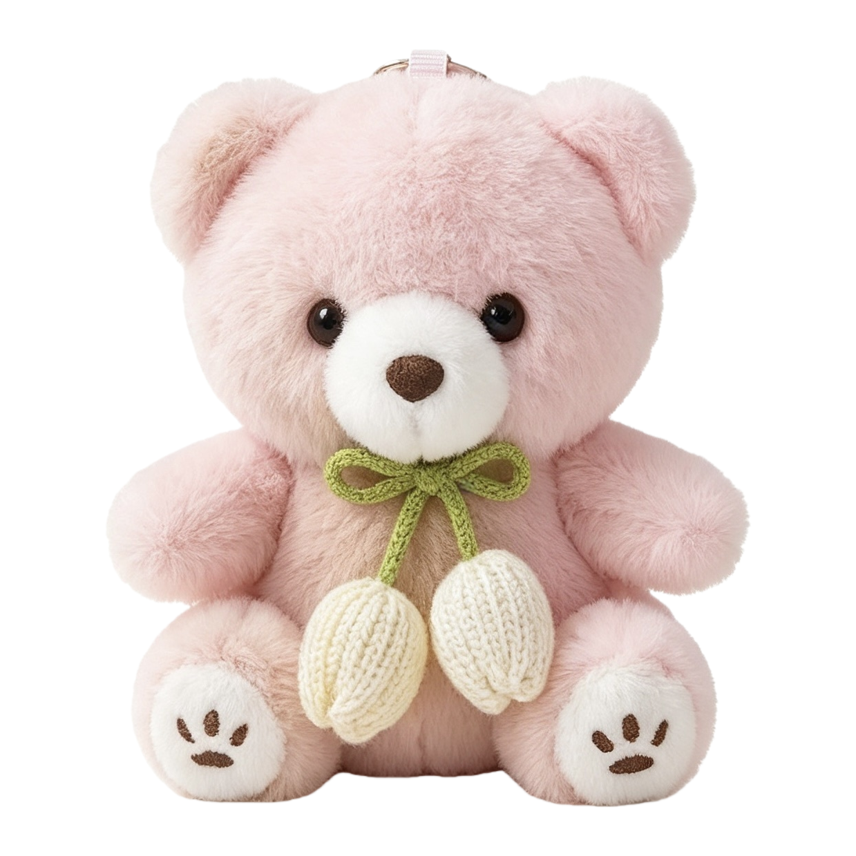 Pink plush bear sitting doll, green knitted bow, white tulip decoration, brown paw print, top hanging ring Item Picture