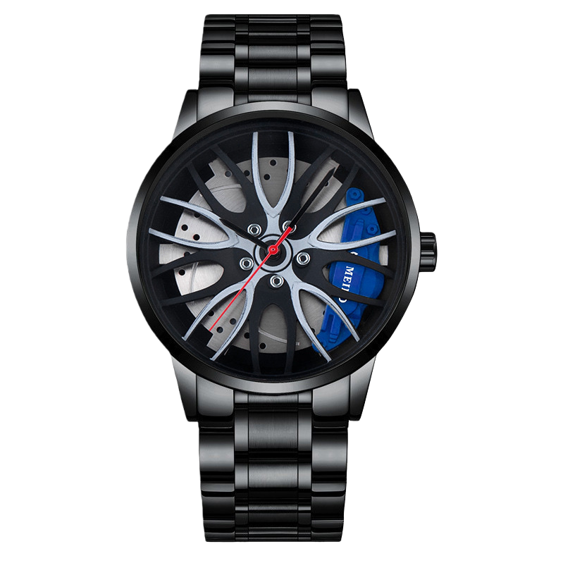A men's fashionable wristwatch with a black strap, dial, wheel hub and blue caliper pattern Item Picture