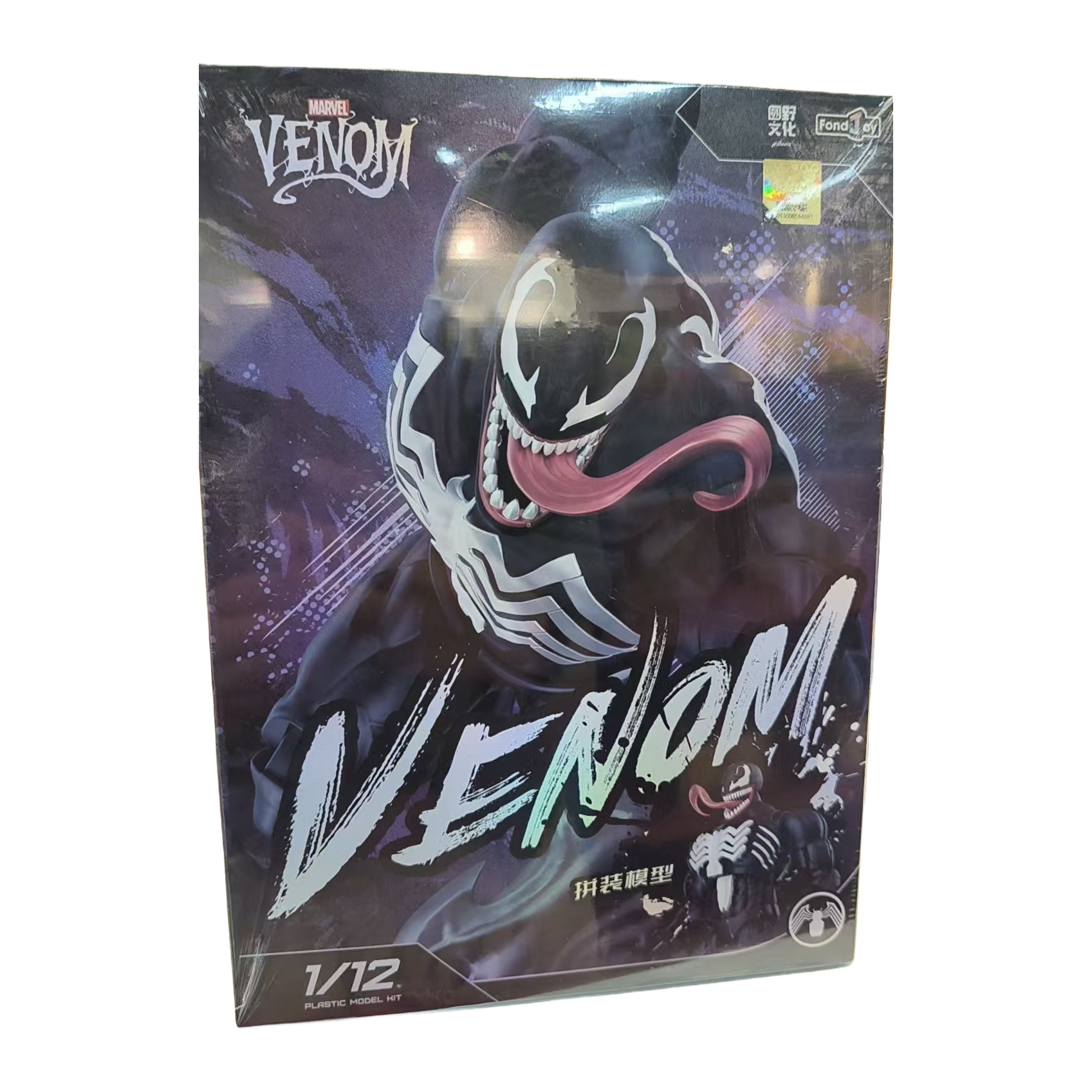 黑色包装盒上的毒液（Venom）拼装模型，1/12比例塑料模型套件白底实物图