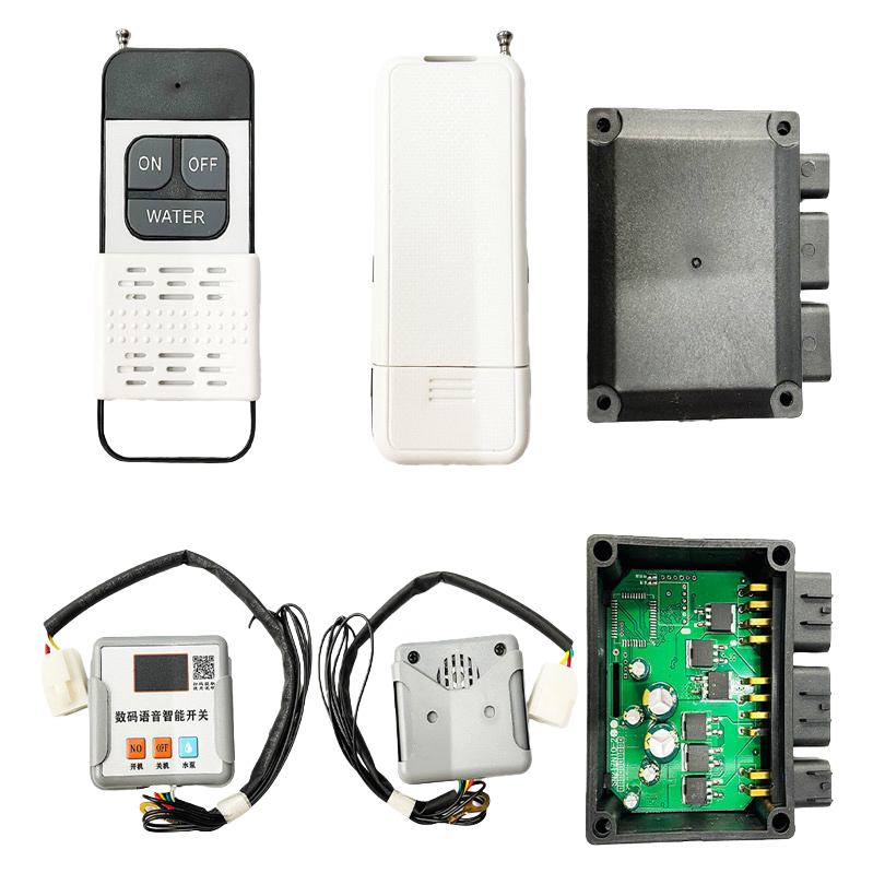 Black remote control, white casing, black receiving module, green circuit board, grey smart switch, grey wired sensor Item Picture
