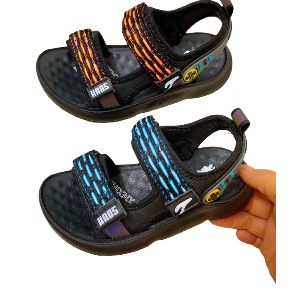 黑色凉鞋 橙蓝条纹带 透气防滑女夏款休闲平底 sandals