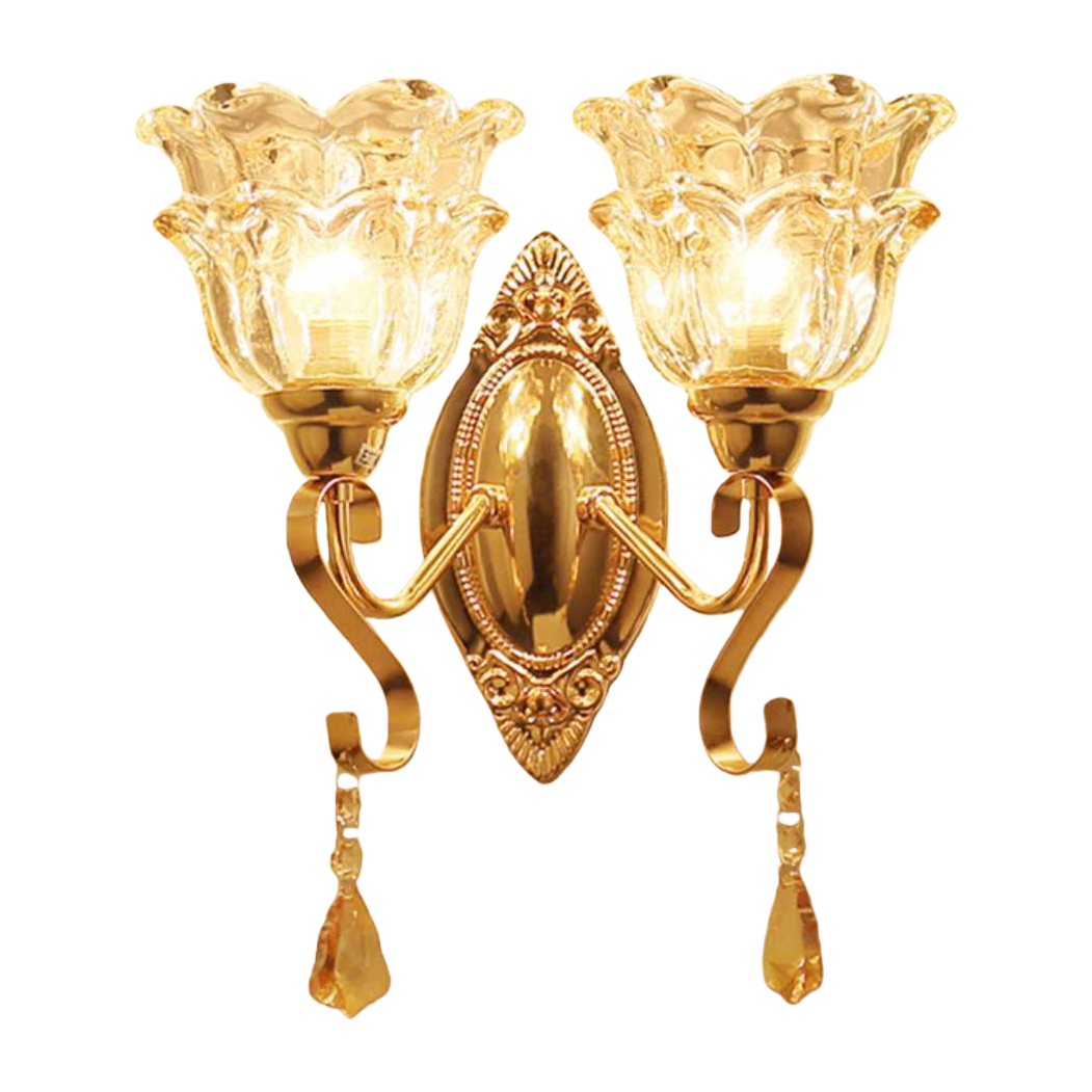 The golden wall lamp is in full bloom with a double-flower-shaped crystal lampshade. The carved metal base hangs an amber crystal pendant Item Picture