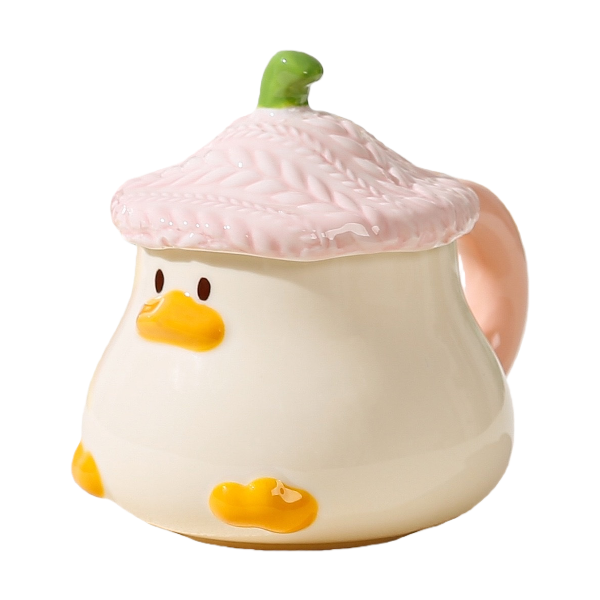 粉色帽子小鸭陶瓷杯白底实物图