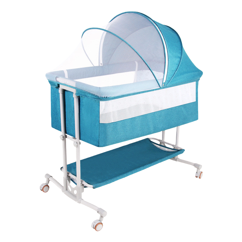 Blue crib made of solid wood, environmentally friendly, adjustable height and height guardrail with rollers Item Picture