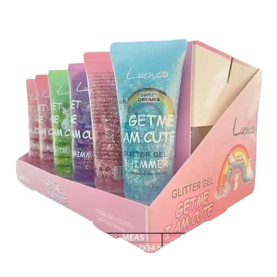 彩色 glitter gel 管装产品置于粉色展示盒中白底实物图