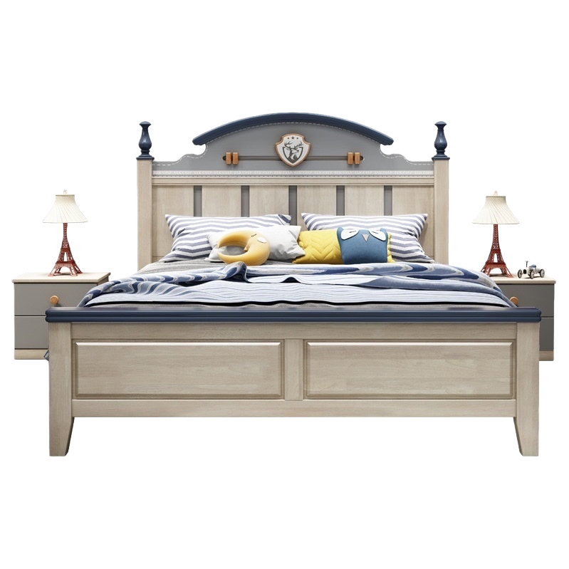 Marco de cama de madera clara con decoración azul oscuro borde superior curvado diseño insignia azul rayas blancas color amarillo almohada azul torre eiffel lámpara de noche gris blanco Item Picture