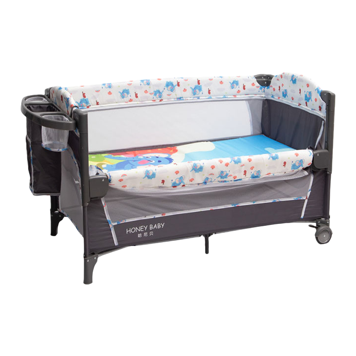 Colorful cartoon crib, safe and environmentally friendly, solid wood adjustable guardrail with rollers Item Picture