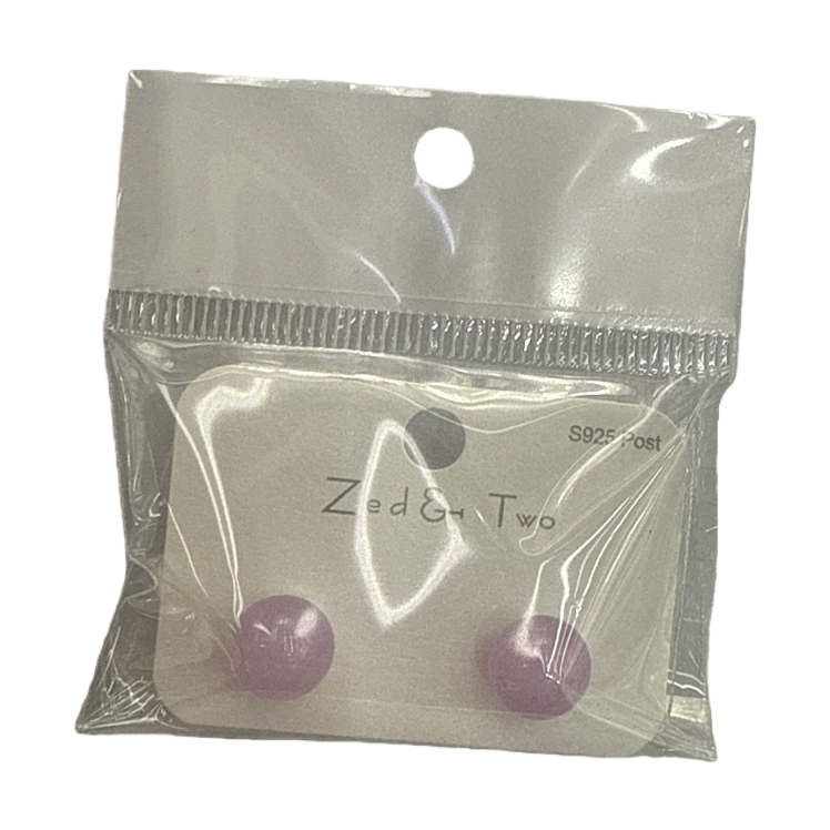Zed & Two purple round stud earrings are packaged in transparent plastic bags Item Picture