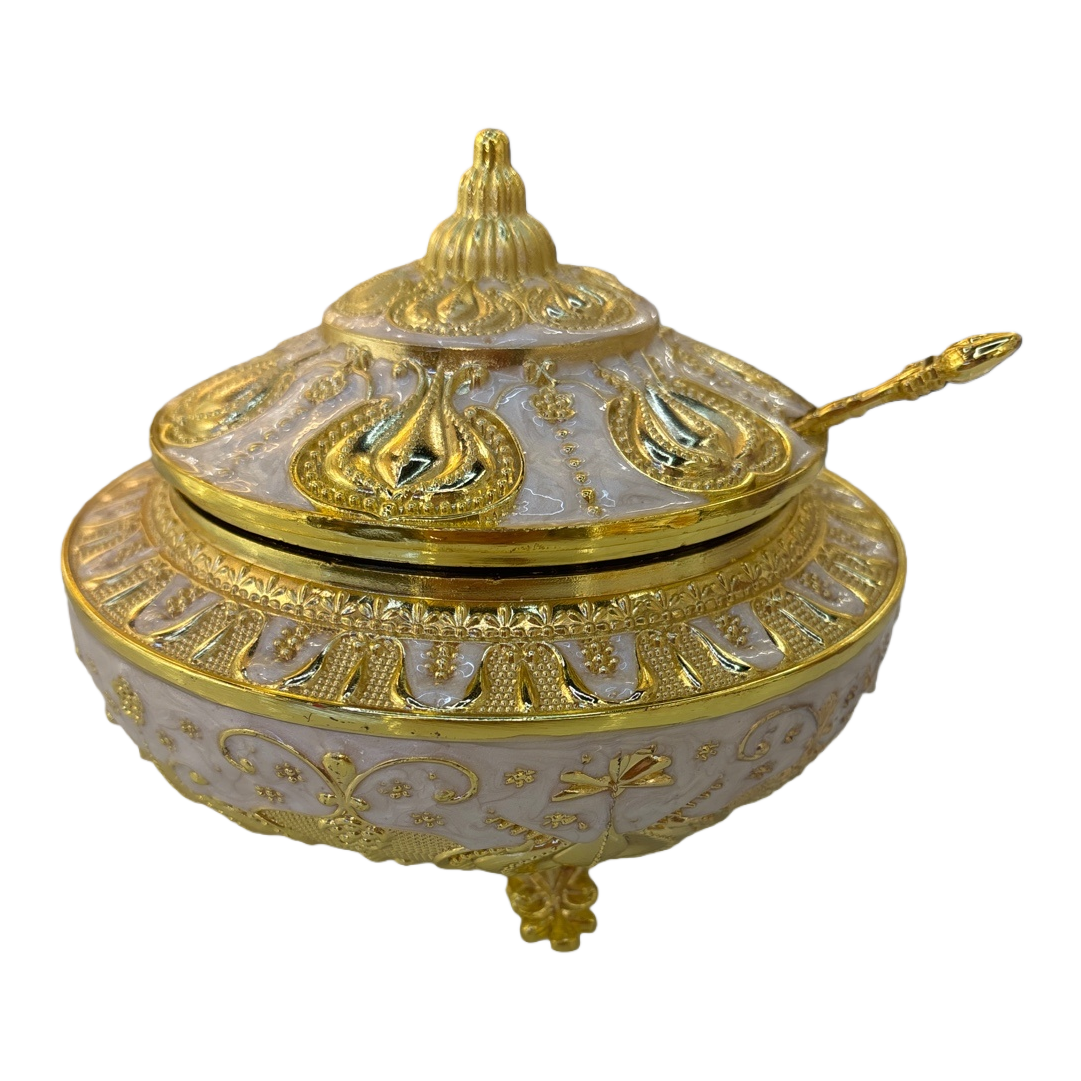 A small golden, white-glazed, carved lid jar with a spoon, a ceramic-sealed tea canister, a home decoration, and a seasoning jar Item Picture