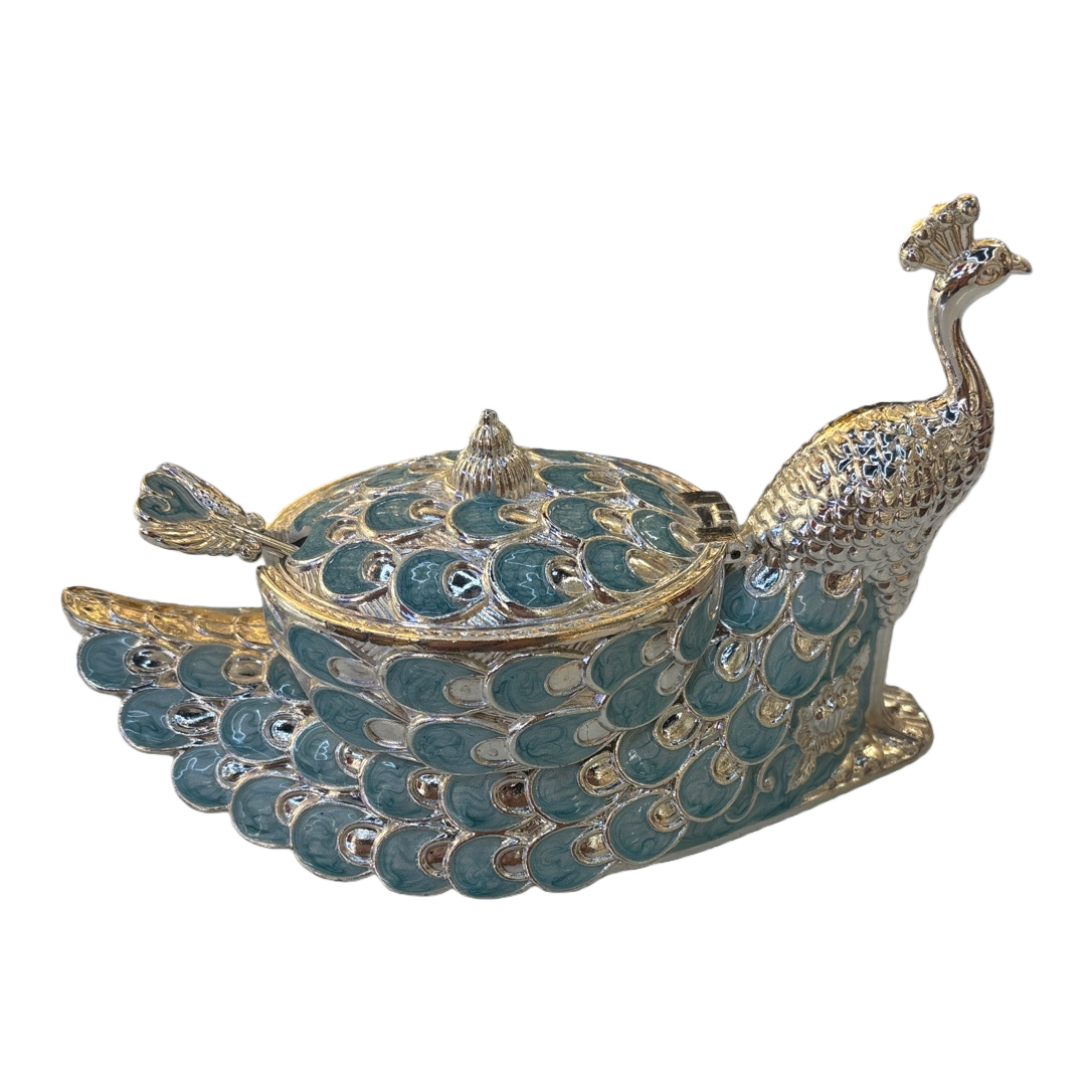 Silver peacock-shaped blue-green enamel storage box, seasoning jar and storage jar Item Picture