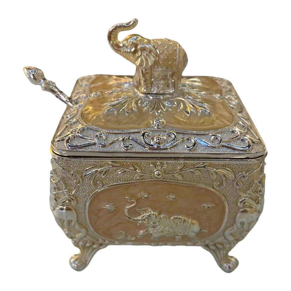 Golden silver-edged elephant-shaped storage box, home storage and organization box, elephant ornament, kitchen condiment storage jar Item Picture