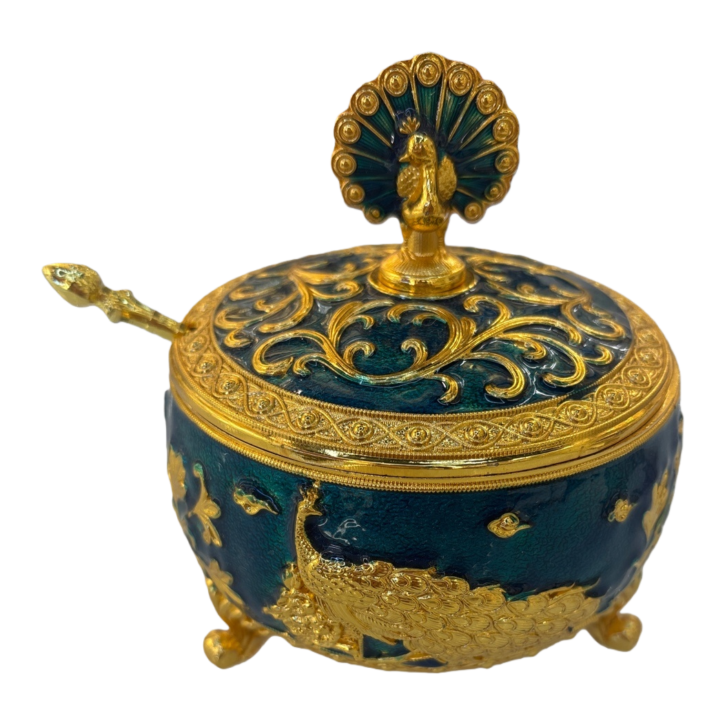 Blue and gold peacock patterned covered small ceramic sealed storage jar, home storage jar, kitchen condiment storage jar, seasoning jar Item Picture