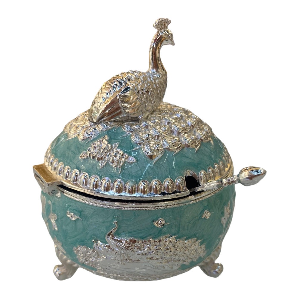 Green and blue peacock-patterned ceramic decorative sugar jar, home decoration, kitchen storage container, kitchen seasoning storage jar, seasoning jar Item Picture