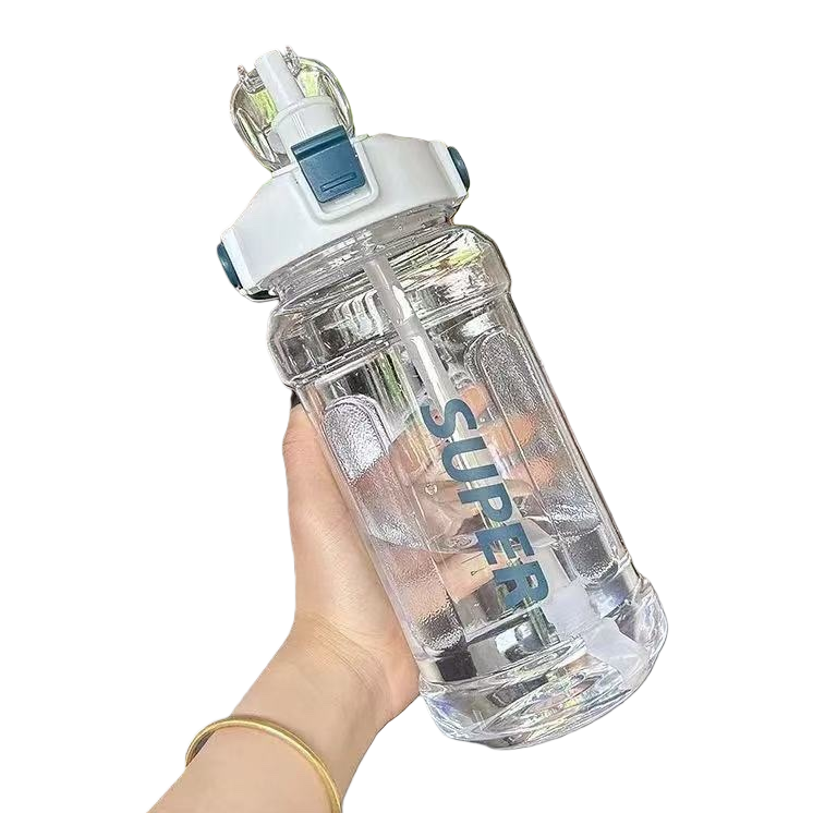 The transparent water cup with the "SUPER" logo, white and blue lid, and straw is portable to hold Item Picture