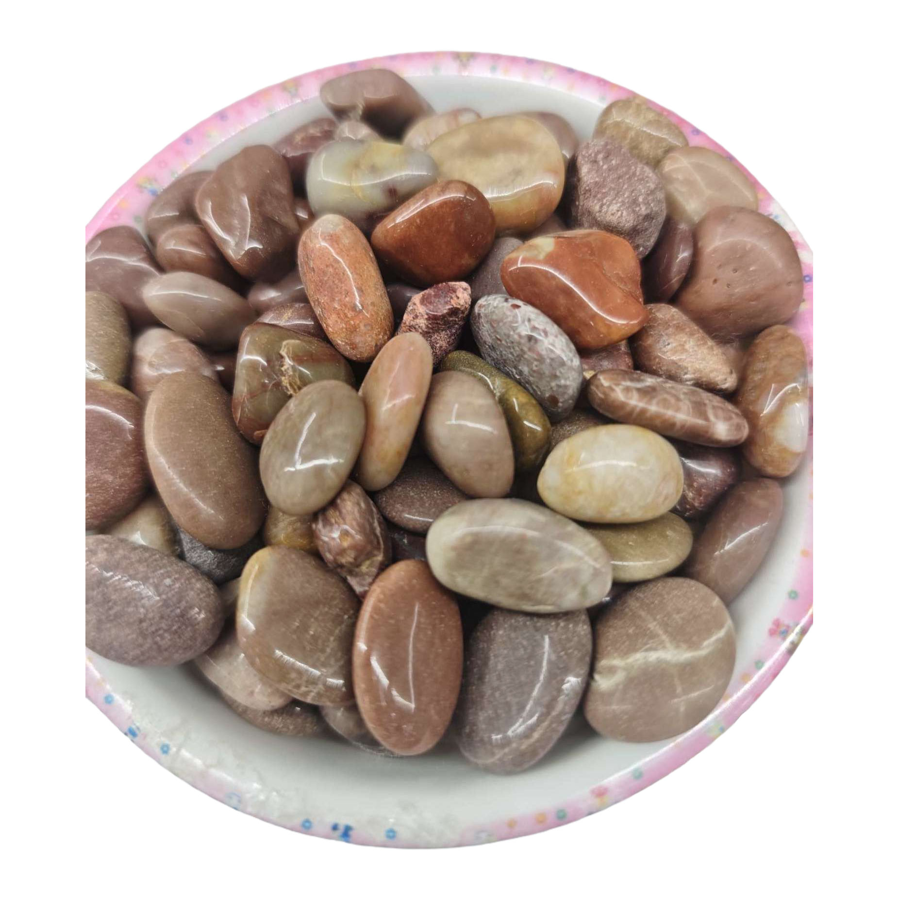 Colorful lace bowls hold various smooth pebble decorative ornaments Item Picture