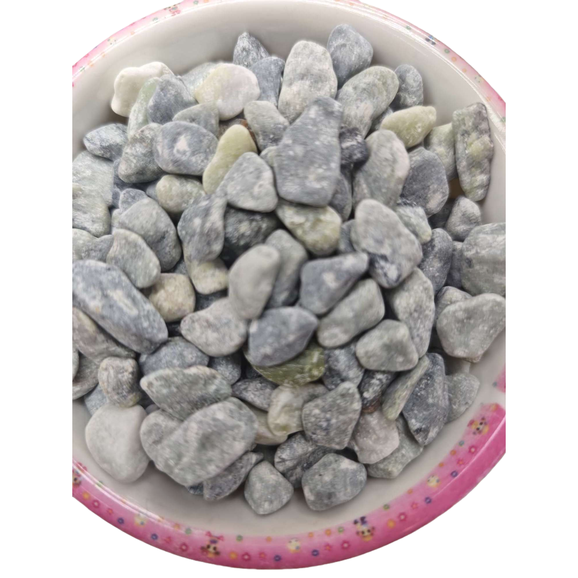 A home decoration piece featuring a ceramic bowl decorated with grey and green pebbles in a colorful lace bowl Item Picture