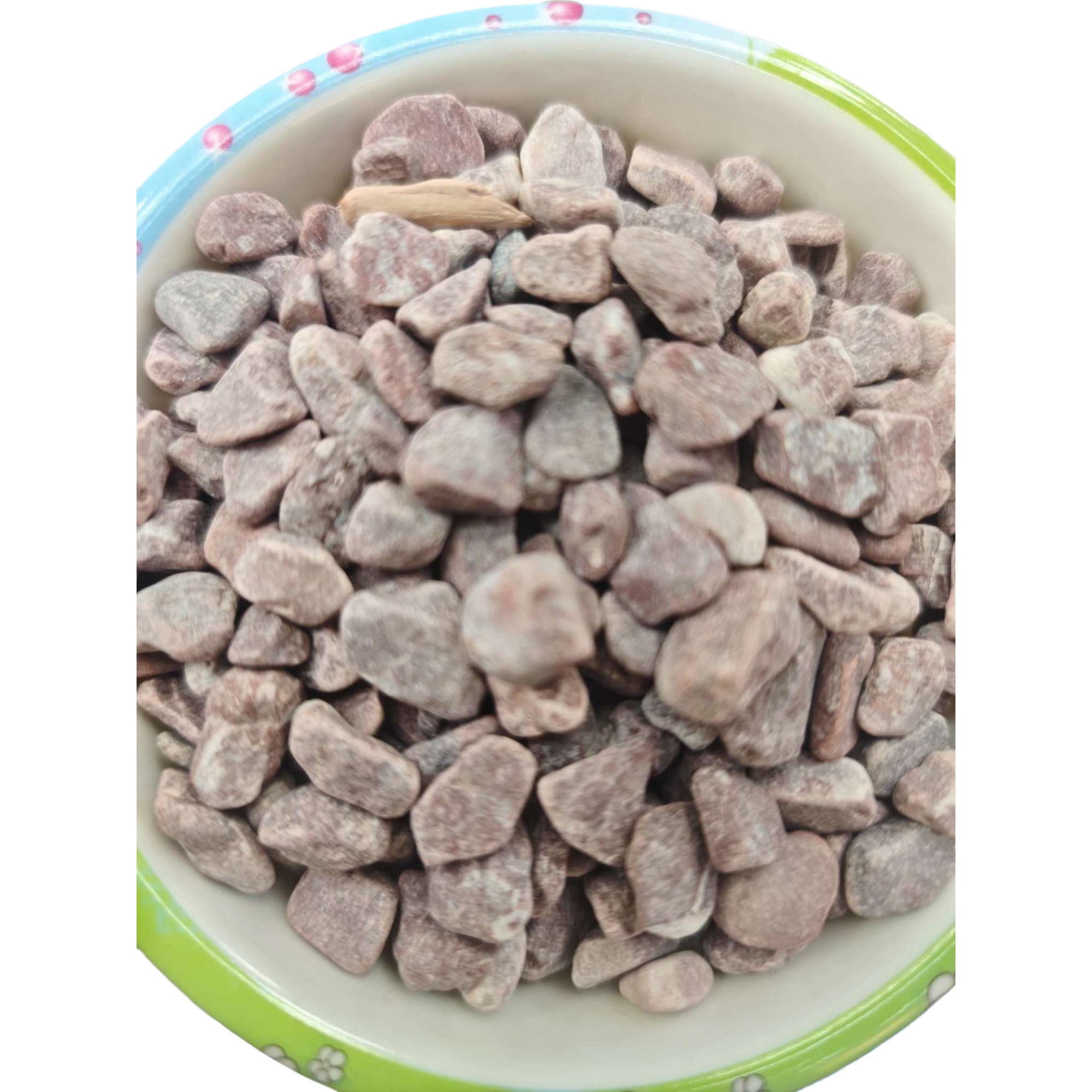 Colorful bowl-shaped decorative items with small purple-red pebbles, home gardening and landscaping materials Item Picture