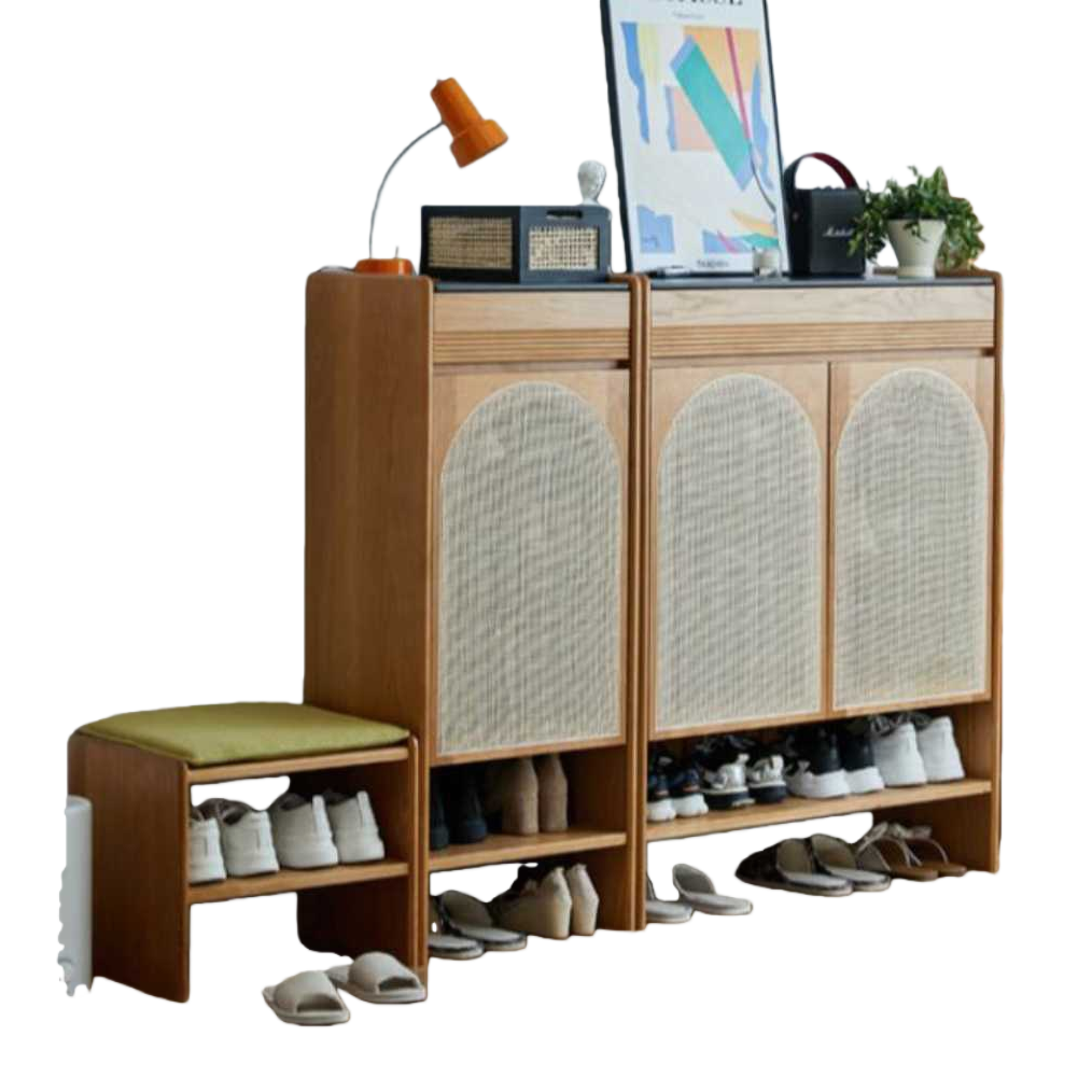 Wooden rattan shoe cabinet, Nordic-style living room entrance storage cabinet, natural, environmentally friendly and simple home Item Picture