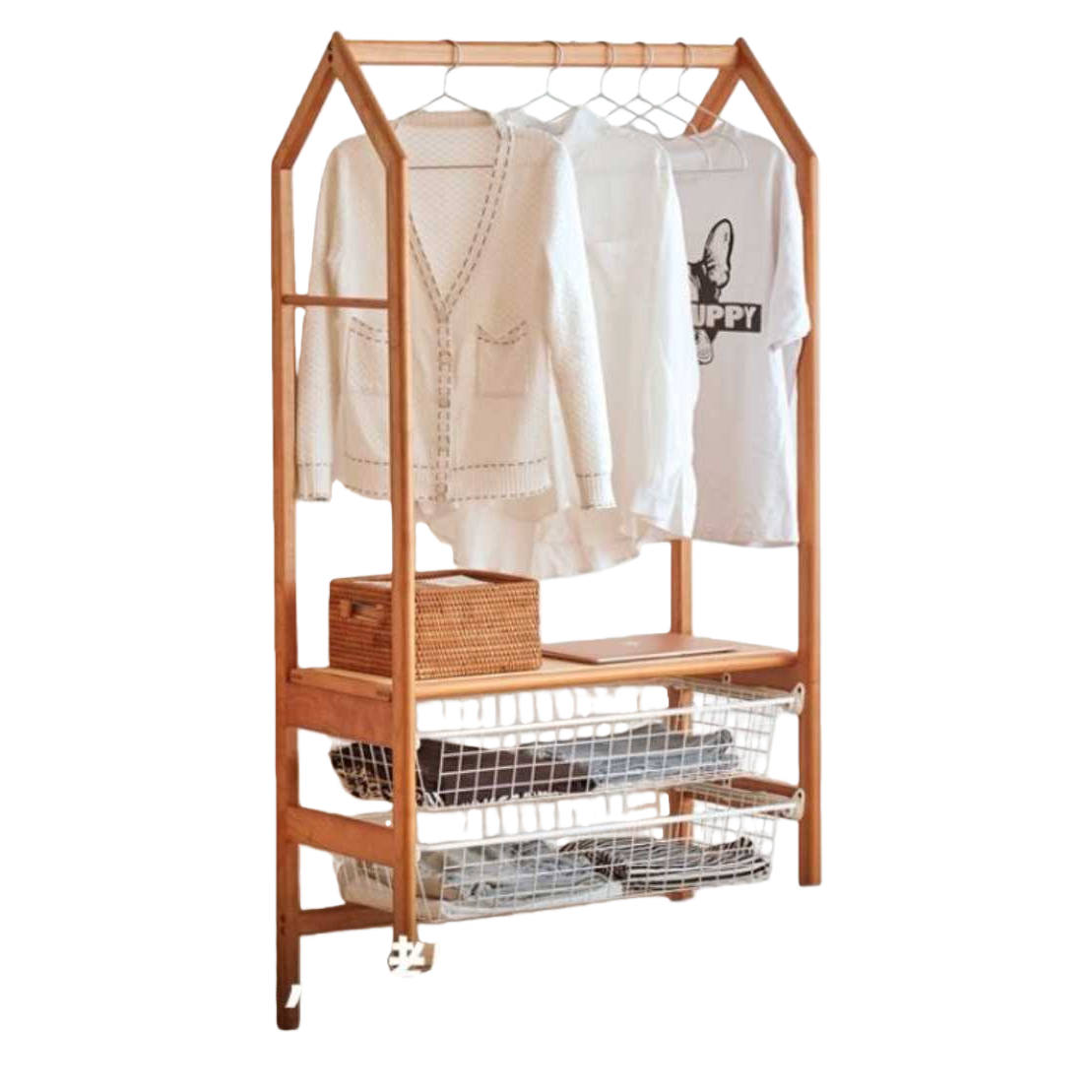 Wooden coat rack with white sweater and white T-shirt, rattan basket, notebook, double-layer metal mesh basket, folding clothes, bedroom bedside wooden cabinet, green plants Item Picture