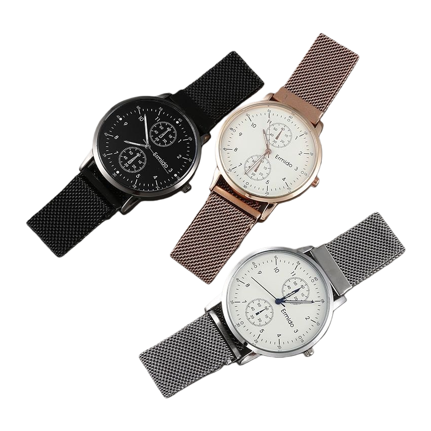 Three fashionable and versatile metal mesh strap watches for both women and men, which are light luxury timepieces Item Picture