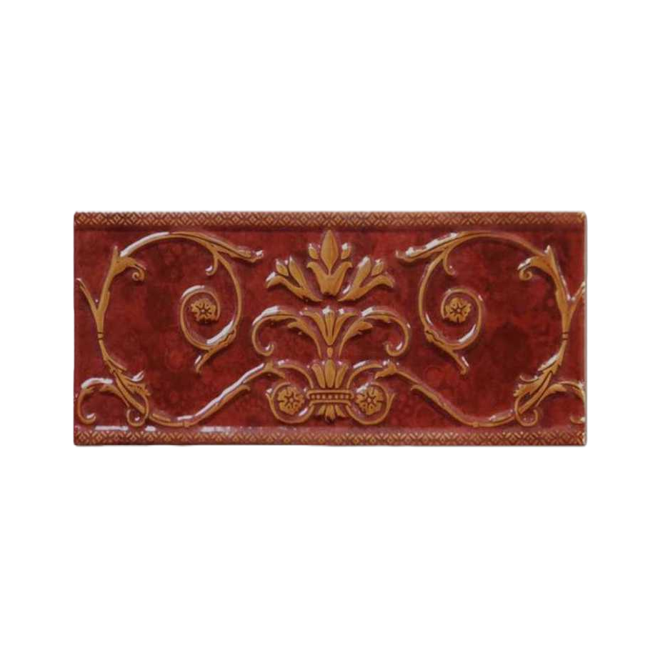 Red embossed flower tiles with golden rolled grass and flower patterns, deep red background patterns and geometric borders Item Picture