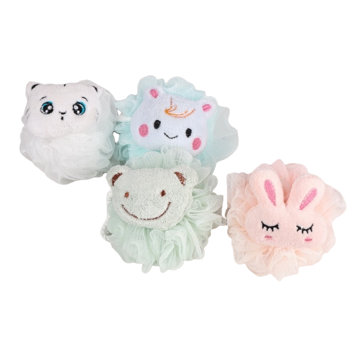 Four cartoon-shaped bath balls, children's fun foaming bath toys, soft and skin-friendly, can be hung Item Picture