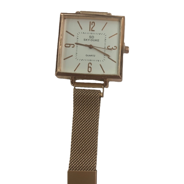 A simple and fashionable gold square quartz watch for both men and women with a genuine leather strap Item Picture