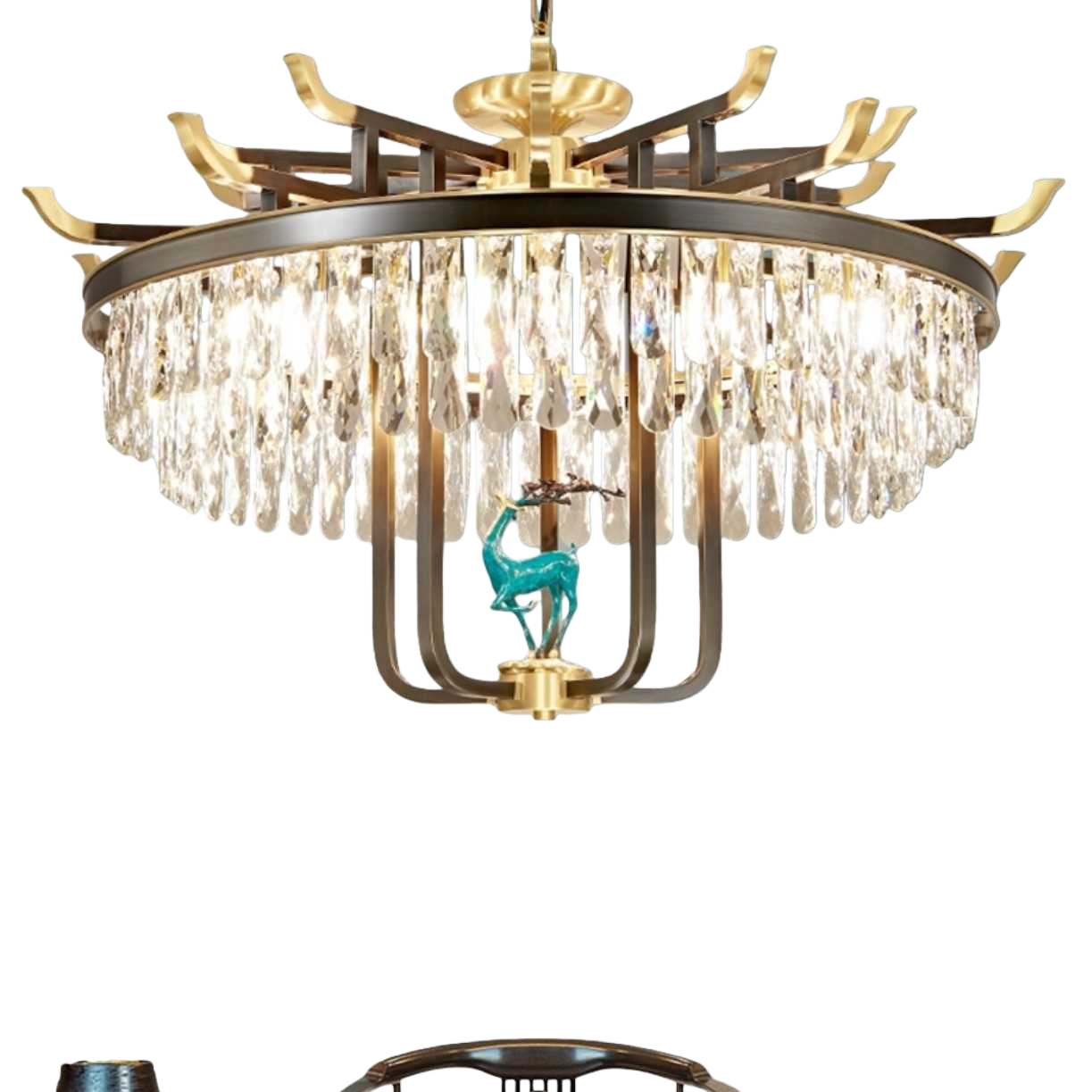 The golden crystal chandelier features a Chinese-style upturned eave design with a green deer decoration and multiple layers of water-drop crystals Item Picture