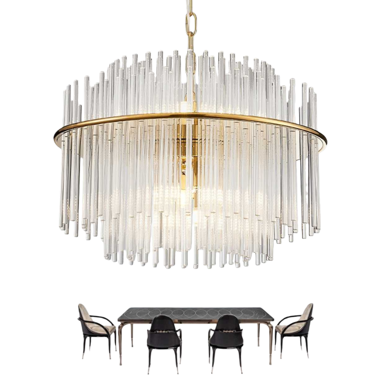 The golden circular crystal chandelier is the main light for the Nordic minimalist living room and bedroom, featuring a modern and light luxury style Item Picture