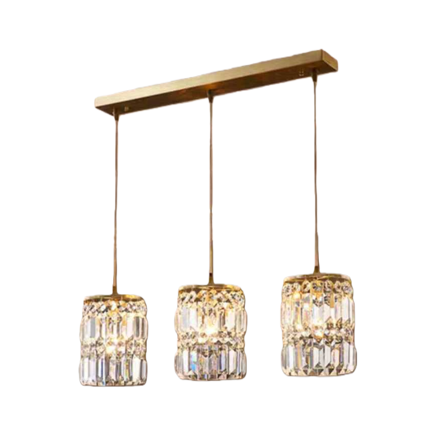Three golden long crystal pendant chandeliers are ceiling-mounted living room and dining room lamps Item Picture