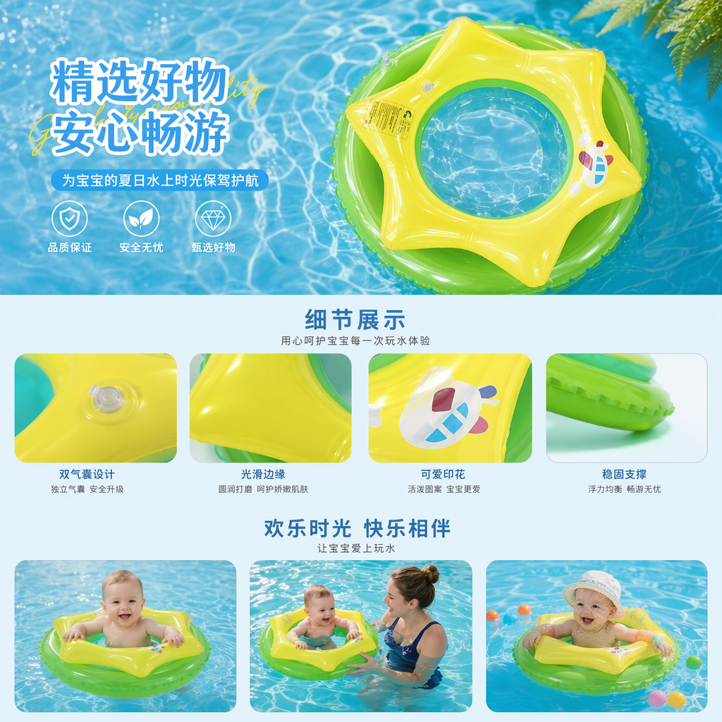 绿色充气游泳圈 黄色星星造型 中间支撑儿童泳具详情1